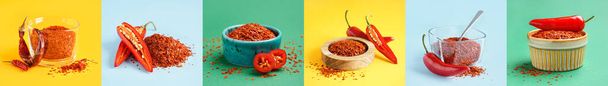 Collage de hojuelas de chile sobre fondo de color - Foto, imagen