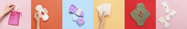 Collage of feminine hygiene products on color background, top view - Photo, Image