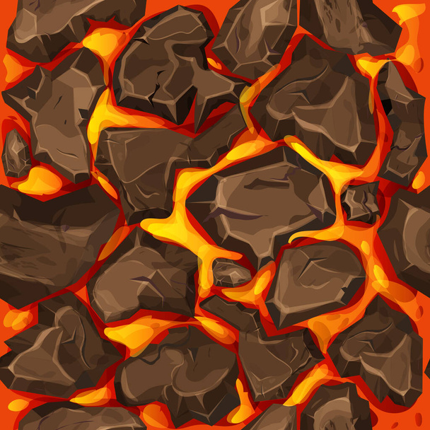Lava, magma with stones in cartoon style seamless pattern background. Eruption effect, landscape. Texture, design. Vector illustration - Vector, Image