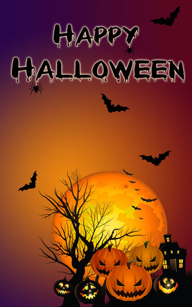 Holiday vertical banner illustration featuring ghosts, black spiders, bats and scary pumpkins. orange background for Halloween - Photo, Image
