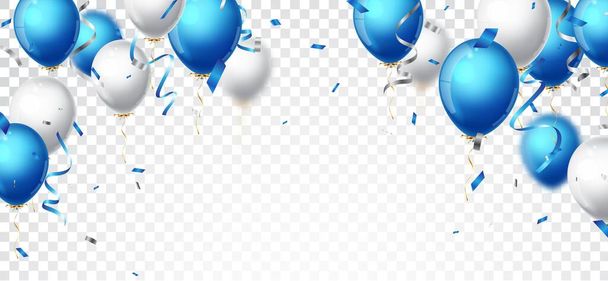 Illustrazione vettoriale dei festeggiamenti di compleanno banner con palloncini blu, bianchi e coriandoli - Vettoriali, immagini