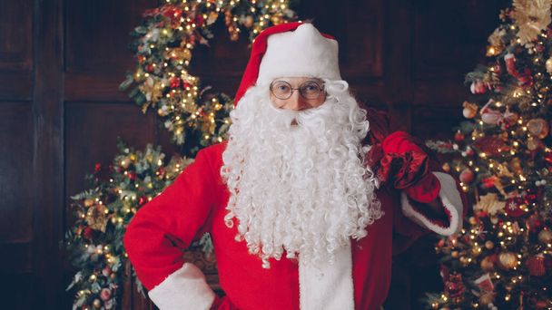 Portrait of Santa holding bag of gifts near Christmas tree in decorated house looking at camera with kind face. Man is wearing traditional red costume and glasses. - Foto, Imagem