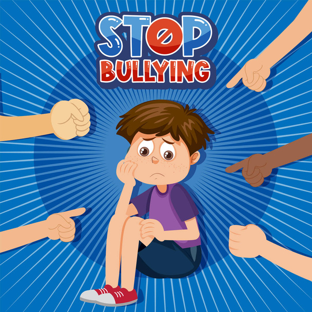 Detener Bullying texto con el niño rodeado por la ilustración dedos señalando - Vector, imagen