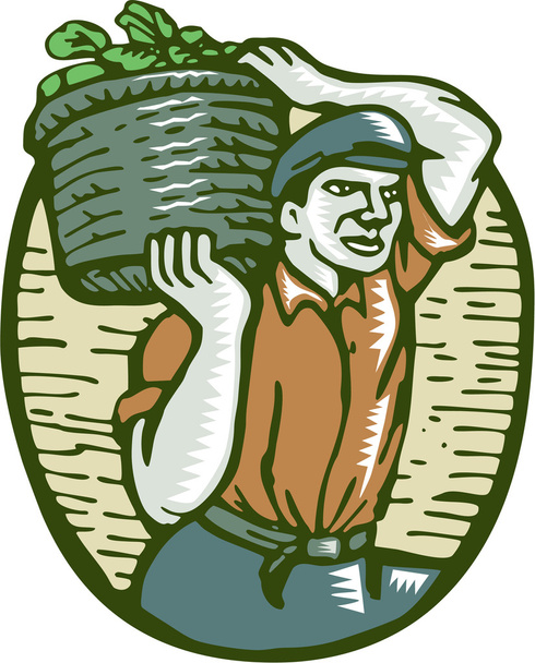 Rolnik ekologiczny kosz upraw drzeworyt Linoryt - Wektor, obraz