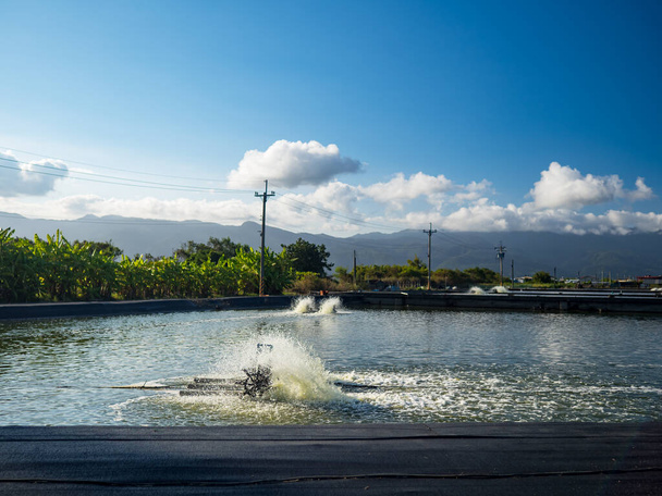 魚池ダムは大きな湖からフェンスで囲まれています。アジアの養殖業 - 写真・画像