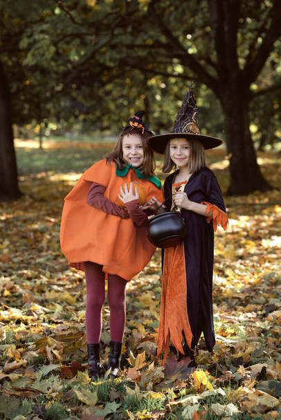 Two caucasian girls in Halloween outfits in the woods - Photo, Image