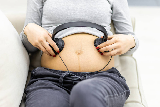 Cropped photo of pregnant woman sitting on the sofa with headphones. Concept of pregnant woman. - Foto, afbeelding