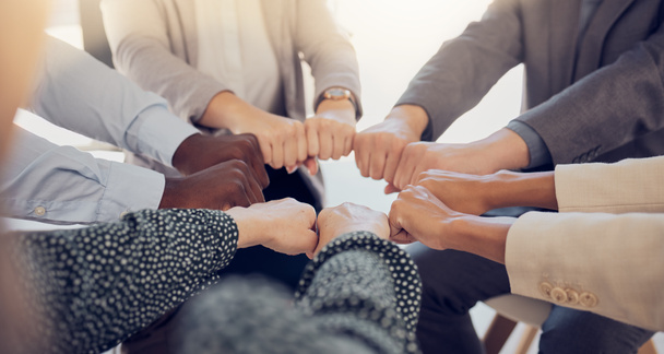 Team building, diversity and circle teamwork, motivation and inspiration, mission goals and company about us. Closeup business people fist hands, support and trust, global community and collaboration. - Foto, Imagen