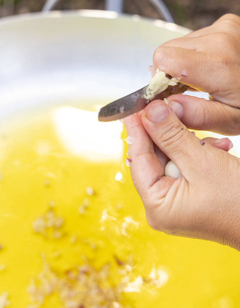 Le mani di donna tagliano lo spicchio d'aglio sopra una padella per friggere grande con olio d'oliva da vicino, copi lo spazio. Cucina tradizionale italiana e pugliese, cucina per famiglie numerose - Foto, immagini