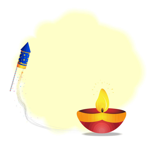 Ευτυχισμένο Diwali με καύση λάμπα πετρελαίου diya με κράκερ σε κίτρινο φόντο για το φεστιβάλ του φωτός. - Διάνυσμα, εικόνα
