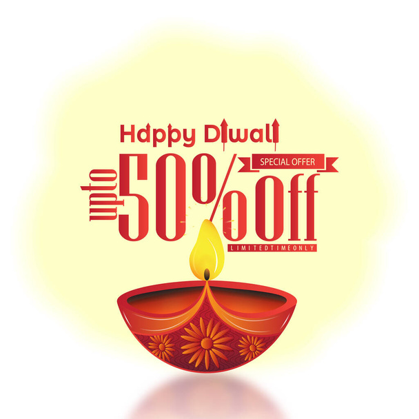 Oferta especial hasta un 50% en venta Diwali. Lámpara de aceite grande diya con diseño creativo de texto Happy Diwali sobre fondo blanco. Venta festiva, concepto de descuento - Vector, Imagen