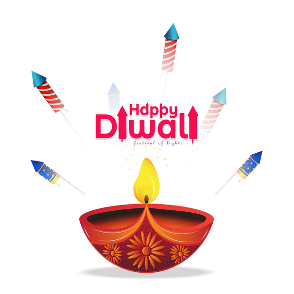 Glücklicher Diwali. Diwali-Cracker mit großer Diya-Öllampe auf weißem Hintergrund. - Vektor, Bild