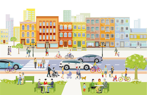 Silueta de la ciudad con peatones en el distrito residencial con parque de la ciudad, ilustración - Vector, imagen
