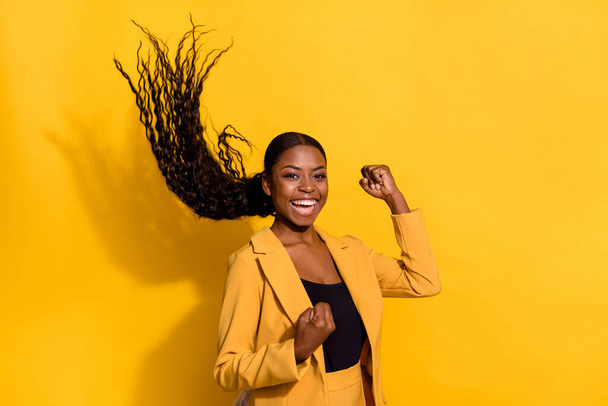 Photo of cool young lady yell wear suit isolated on yellow color background. - Valokuva, kuva