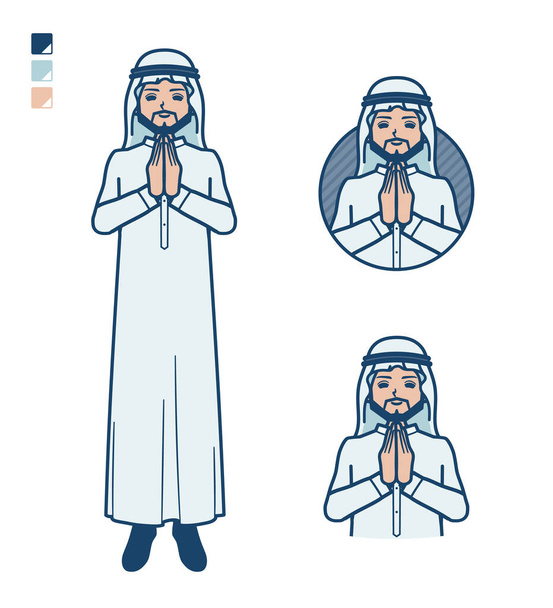 A arabian man in white costume with press hands in prayer images.It's vector art so it's easy to edit. - Вектор,изображение