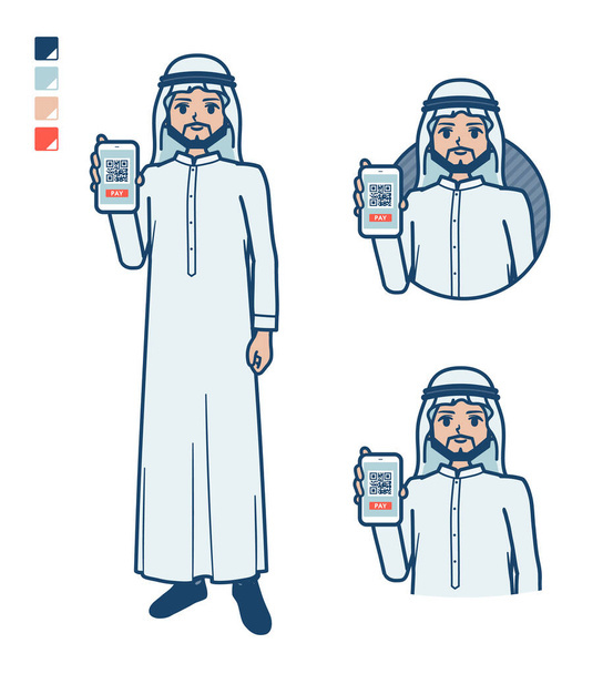 A arabian man in white costume with cashless payment on smartphone images.It's vector art so it's easy to edit. - Vektor, kép