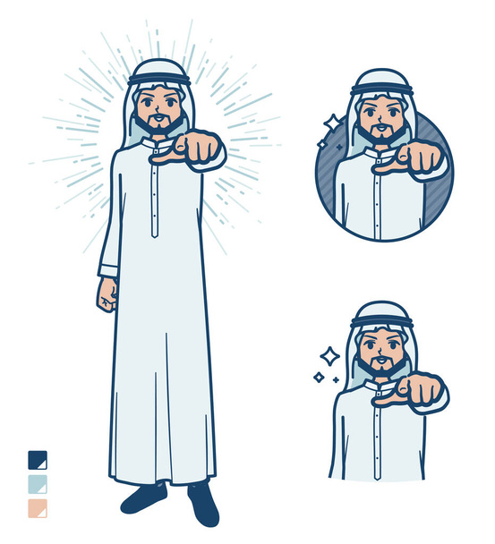 A arabian man in white costume with Pointing to the front images.It's vector art so it's easy to edit. - Vecteur, image