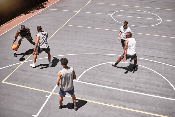 Basketball court, fitness men or competition game in workout, training or exercise in New York for health, wellness or fitness. Men, basketball player or energy sports people or friends in team match. - Valokuva, kuva