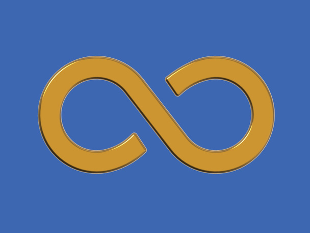 Знак бесконечности золотой, изолированный на лазурном голубом фоне. Символ бесконечности. Горизонтальное изображение. 3D изображение. 3D рендеринг. - Фото, изображение