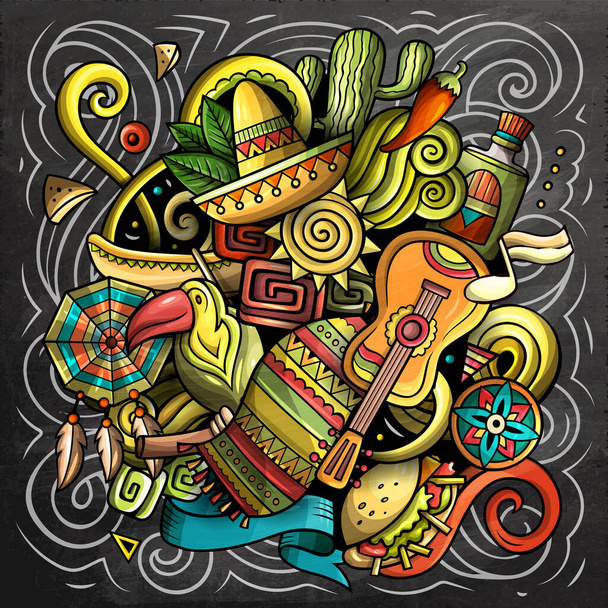 Latin America cartoon raster illustration. Chalkboard detailed composition with lot of Latinamerican objects and symbols. - Photo, Image