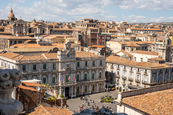 Extra wide High angle view of the center of Catania with Universit Square - Photo, Image
