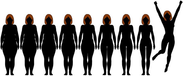 vet passen fitness dieet de vrouw na gewicht verlies silhouetten - Vector, afbeelding