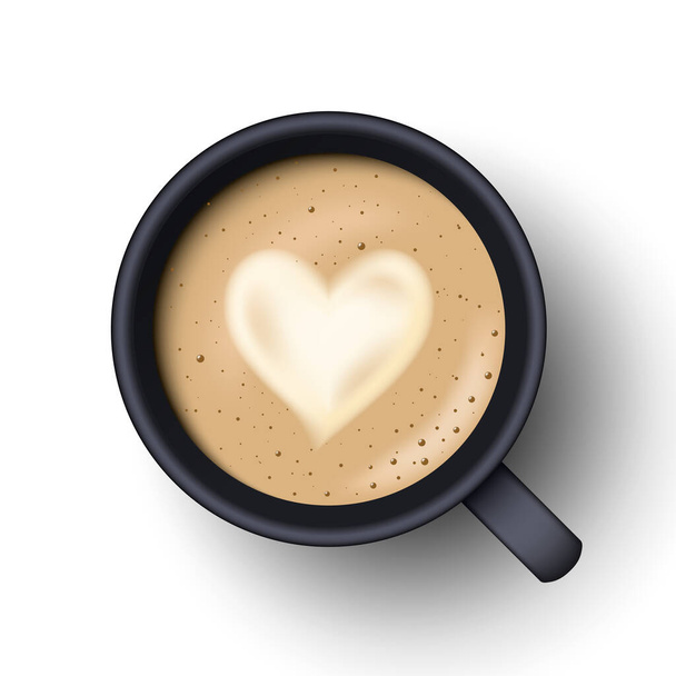 Šálek kávy Cappuccino top view. Realistický vektor 3d model šlehané kávy v černé keramické pohár se stínem izolované na bílém pozadí - Vektor, obrázek