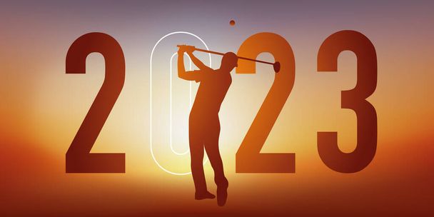 Спортивная концепция на тему гольфа для поздравительной открытки 2023 года, на которой игрок в гольф делает качели. - Вектор,изображение
