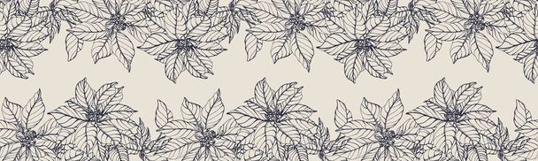 Frontera horizontal sin costura vectorial con Euforbia Poinsettia dibujada a mano. Eps 10. Line-art botanical illustration. Fondo floral - Vector, imagen