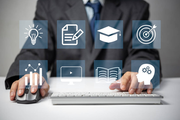 Digital internet technology online lessons screen. E-learning education, online web information management business concept. - Фото, изображение
