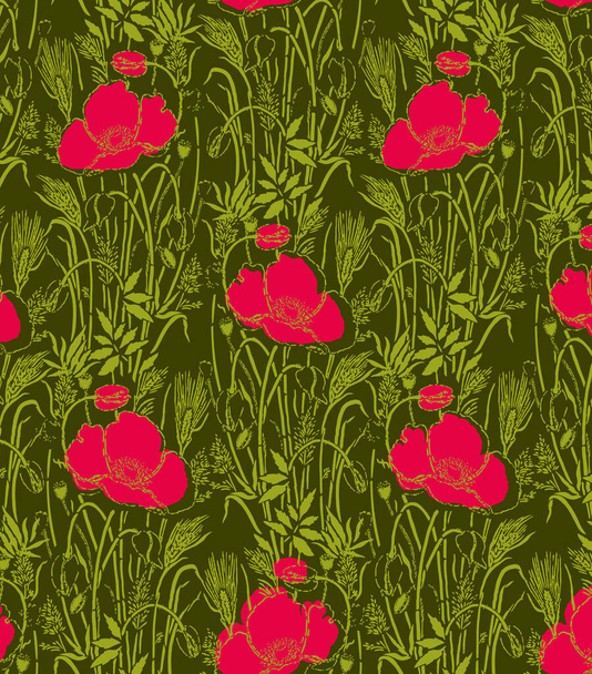 Seamless pattern with blossom red large roses petals buds and leaves. Artistic summer floral background isolated on black. Beautiful botanical ornament. Line contour drawing, Vintage style. - Vektor, kép