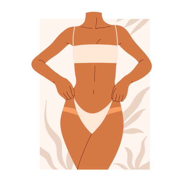 Female body in a swimsuit with tropical leaves. Woman figure shows sunburn tan. Tanning girl in swimsuit. Summer vibes aesthetic. Vector illustration in cartoon style. Isolated white background - Vettoriali, immagini