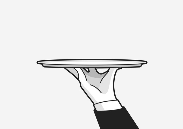 Рука офіціанта в рукавичці тримає великий срібний лоток. векторний
 - Вектор, зображення