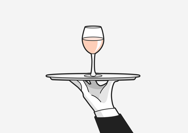 Mano del camarero en un guante blanco con una copa de vino en una bandeja. vector - Vector, imagen