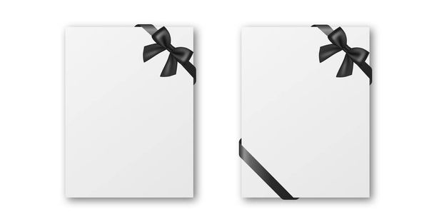 Vector Blank Funeral Card, Banner Template, Background with Black Silk Ribbon Bow, Corner. Design Template for Card Invitation with Black Silk Ribbon. - Vektör, Görsel