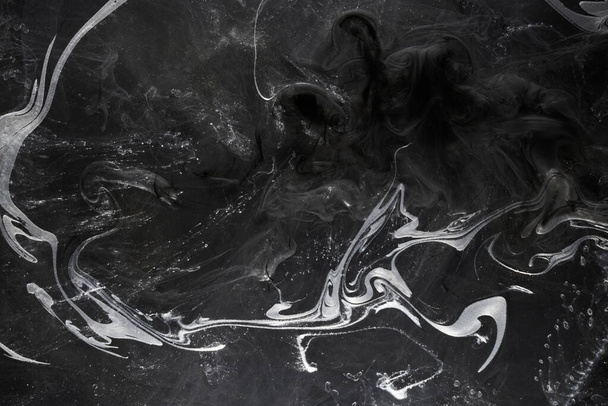 Black white gray alcohol ink background. Dark paint underwater explosion. Wavy stains splashes acrylic watercolor. Exoplanet abstract ocean - Valokuva, kuva