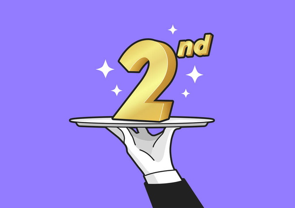 Waiter holding tray or salver with number two on the tray for the winner. vector - Vector, Image