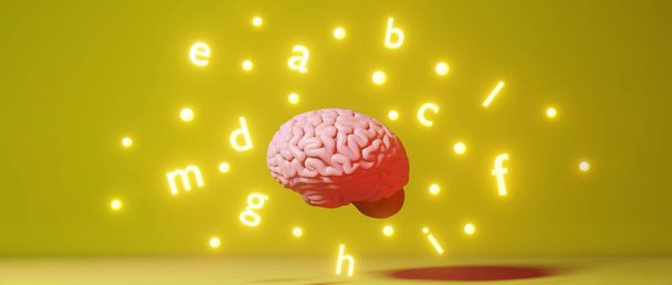 Αγγλικά εκμάθηση Ξένων γλωσσών βελτίωση της ευφράδεια μελετώντας ανθρώπινα γράμματα του εγκεφάλου κίτρινο φόντο 3d απόδοση. Μνήμη Απομακρυσμένη σε απευθείας σύνδεση εκπαίδευση εφαρμογή μάθημα Εκφράσεις ιδίωμα Ακρόαση - Φωτογραφία, εικόνα