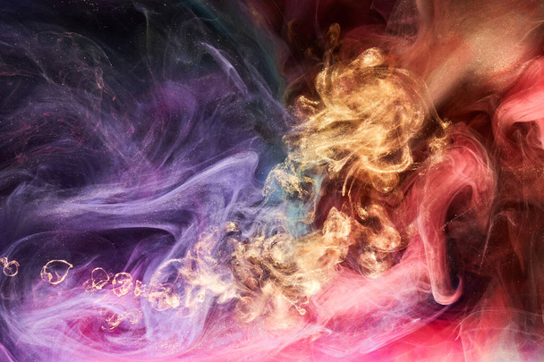 Multi colored sparkling abstract background, luxury dark gold smoke, acrylic paint underwater explosion, cosmic swirling ink - Foto, Imagen