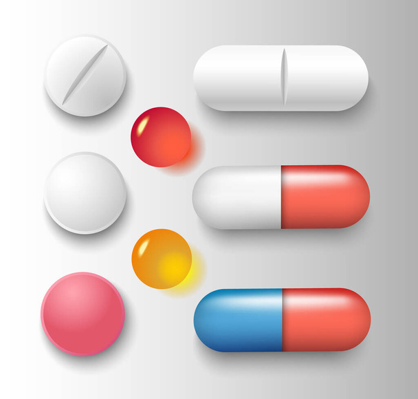 Векторная группа различных таблеток и капсул с тенями, выделенными на сером фоне - Вектор,изображение
