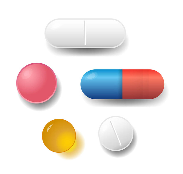 Set of vector pills, tablets and capsule isolated on white background - ベクター画像