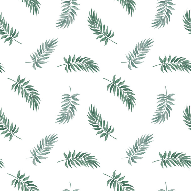 Patrón sin costura vectorial con hojas verdes en estilo acuarela sobre fondo blanco - Vector, Imagen