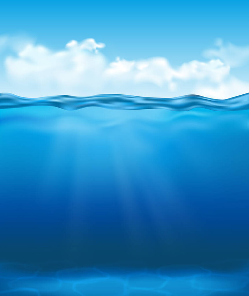 Vektori realistinen vedenalainen näkymä kirkas sininen vesi auringon säteet ja pilvet taivaalla - Vektori, kuva
