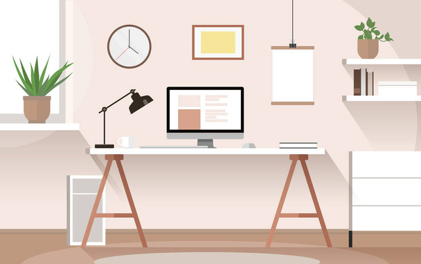 Masası, bilgisayarı, bitkileri ve resimleri sıcak tonlarda duvarda olan vektör düz modern minimalist işyeri - ev ofisi, rahat çalışma alanı - Vektör, Görsel
