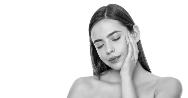daily habit and personal care. skincare beauty. copy space. smooth and soft female skin. woman touch face. young girl with bare shoulders. lady portrait isolated on white. - Valokuva, kuva