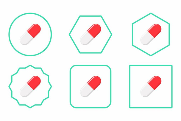 Red Pill Capsule, Medicine,ベクトルマークは緑のスタイル。Pill Capsuleアイコンセット。平面図ベクトル図. - ベクター画像