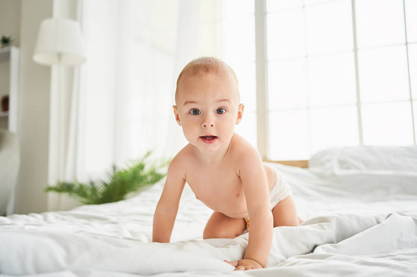 Small little smiling european infant toddler baby boy girl son daughter in diaper crawling on the comfy bed with white linen, first steps, motherhood,dryness and absorbency concept. - Photo, image