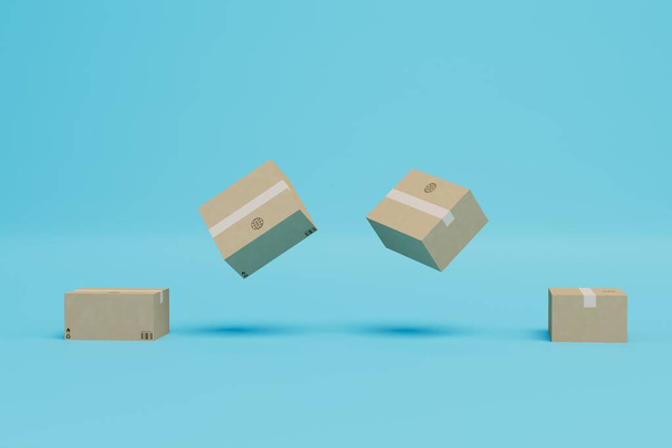 delivery of parcels all over the world. boxes of parcels flying on a blue background. 3D render. - Foto, afbeelding