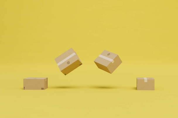 delivery of parcels all over the world. boxes of parcels flying on a yellow background. 3D render. - Foto, imagen