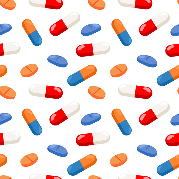 Nahtlose Muster, medizinische Tabletten und medizinische Kapseln. Pharmazeutischer Hintergrund, Vektor - Vektor, Bild